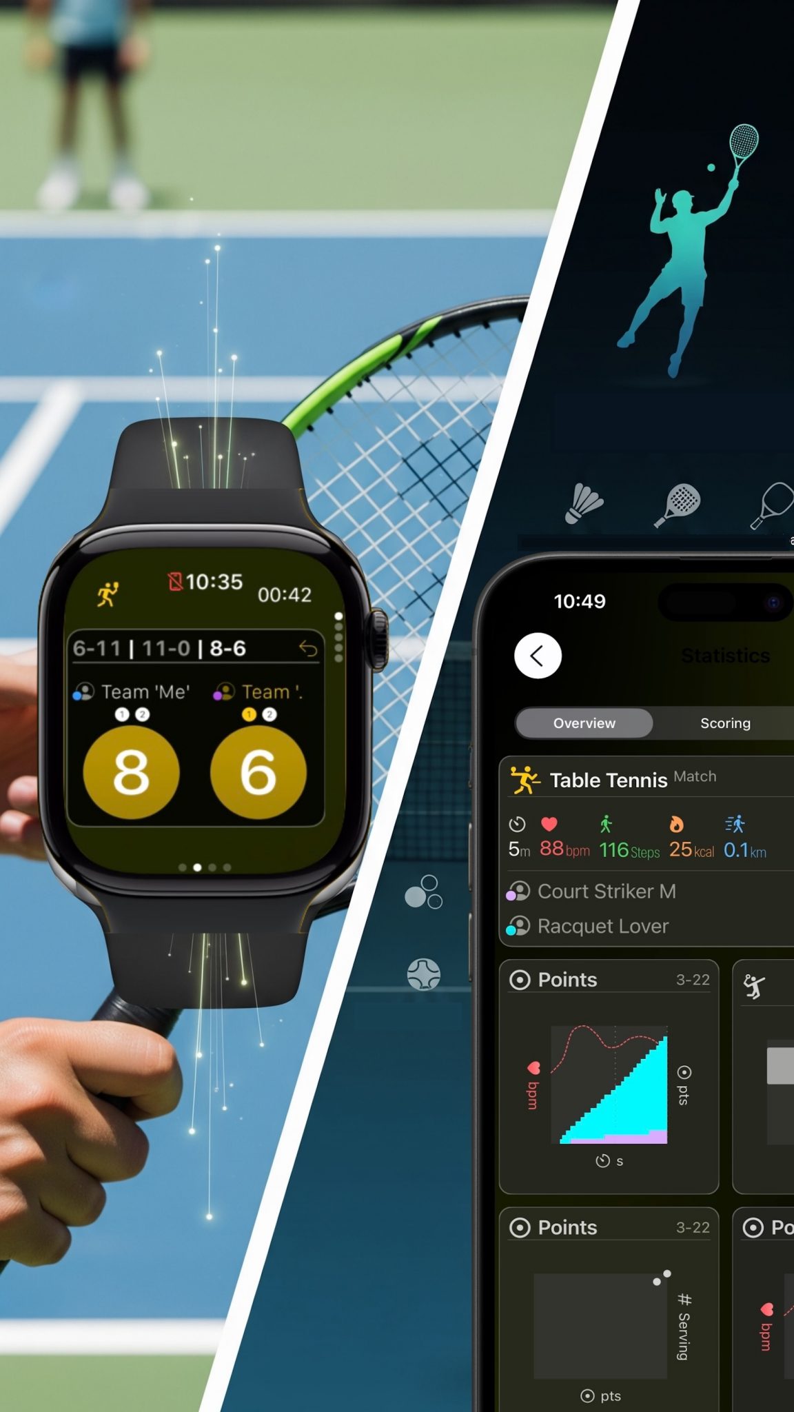 Watch and iPhone showing Score tracking for Padel and Tennis
