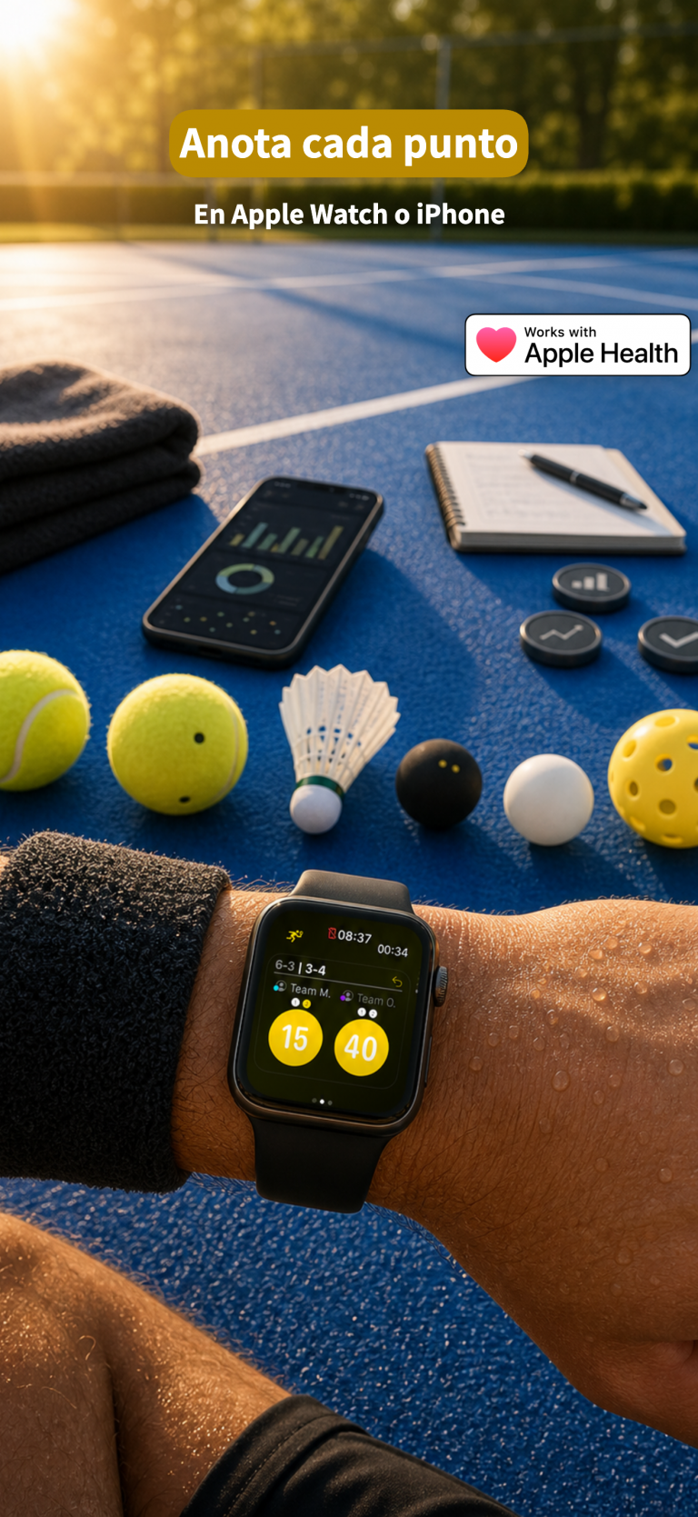 RacqTics Marcador de Padel 2 Captura de pantalla de la aplicación que muestra un Apple Watch registrando la puntuación de un partido en una cancha de tenis azul. Texto superpuesto: "Anota cada punto En Apple Watch o iPhone".