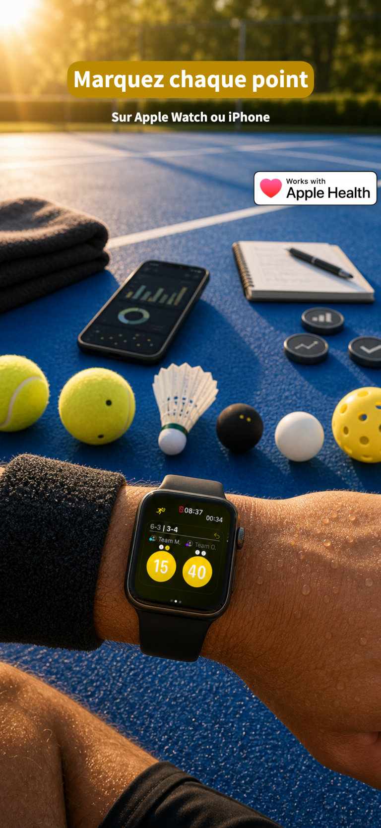 RacqTics Compteur de Score 2 Capture d'écran de l'application montrant une Apple Watch enregistrant le score d'un match sur un court de tennis bleu. Texte superposé : "Marquez chaque point Sur Apple Watch ou iPhone".
