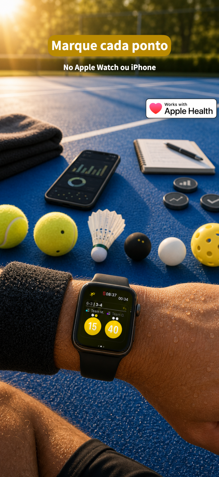 RacqTics Marcador de Pontos 2 Captura de tela do aplicativo mostrando um Apple Watch registrando a pontuação de uma partida em uma quadra de tênis azul. Sobreposição de texto: "Marque cada ponto. No Apple Watch ou iPhone".