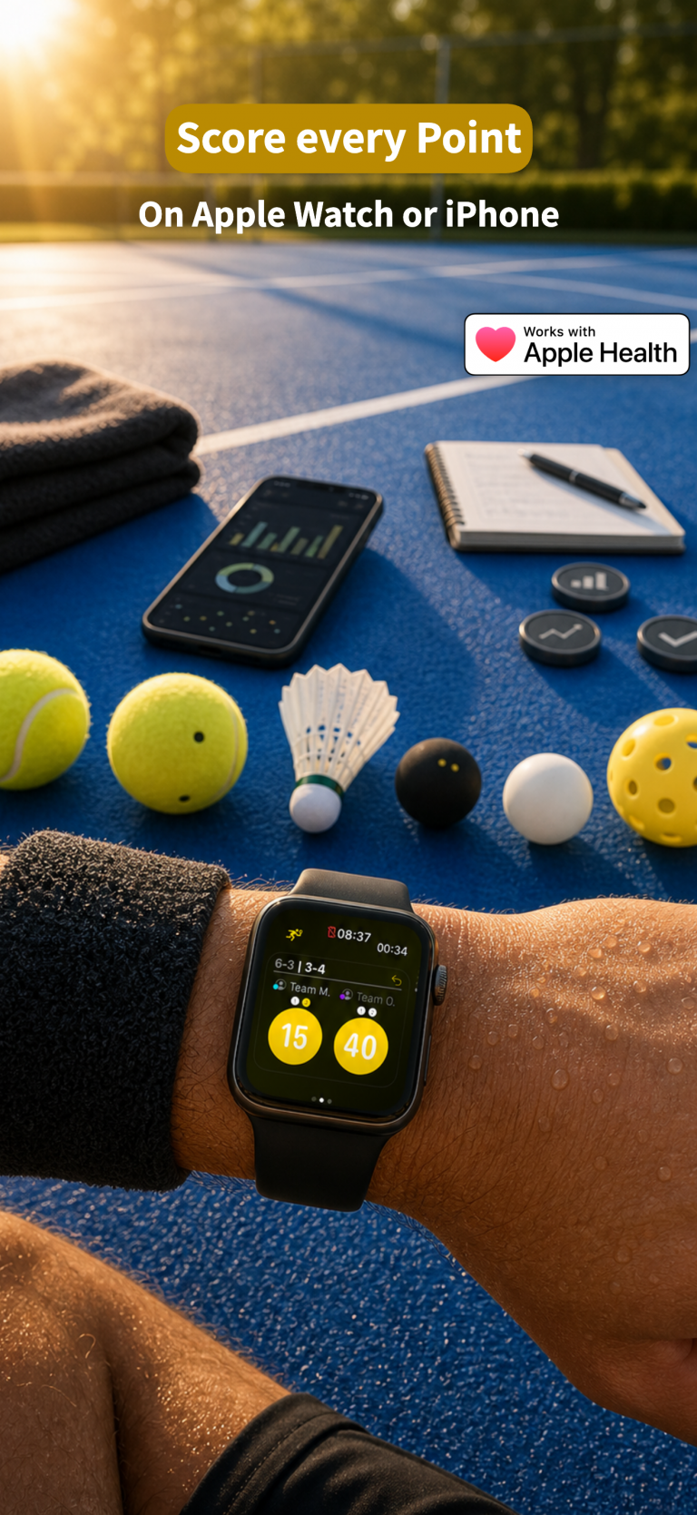 RacqTics - Score Keeper 2 App screenshot showing an Apple Watch tracking a match score on a blue court. Text overlay: "Score every Point On Apple Watch or iPhone"