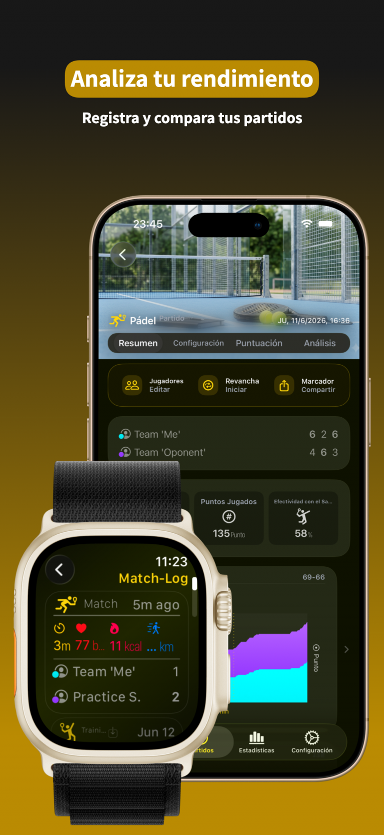 RacqTics Marcador de Padel 4 Captura de pantalla de la aplicación que muestra gráficos de análisis de rendimiento y registros detallados de partidos en un iPhone y un Apple Watch. Texto superpuesto: "Analiza tu rendimiento Registra y compara tus partidos".