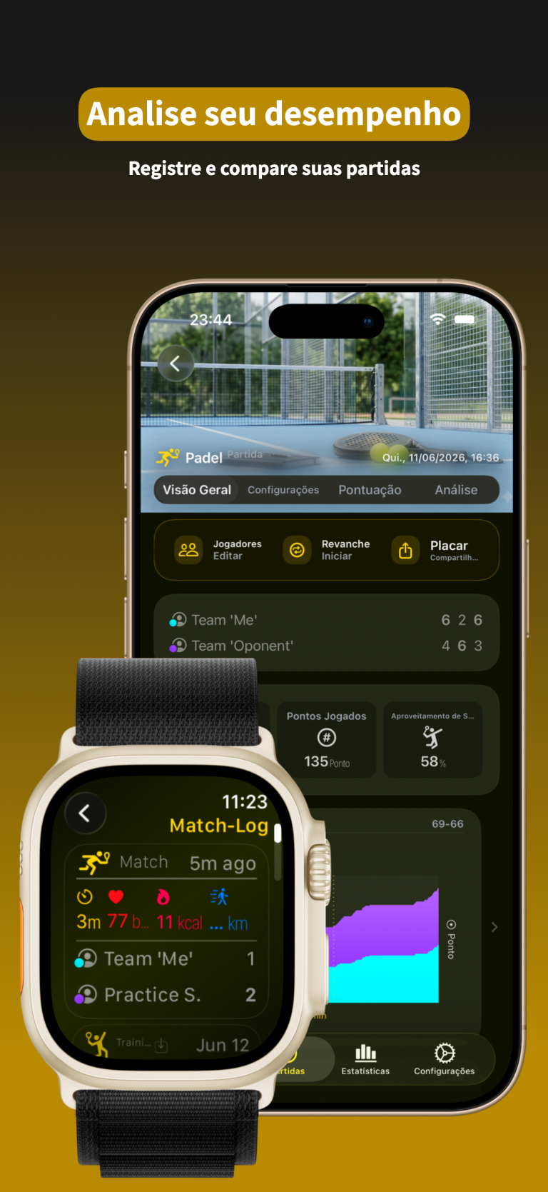 RacqTics Marcador de Pontos 4 Captura de tela do aplicativo mostrando gráficos de análise de desempenho e registros detalhados de partidas exibidos em um iPhone e um Apple Watch. Sobreposição de texto: "Analise seu desempenho Registre e compare suas partidas".