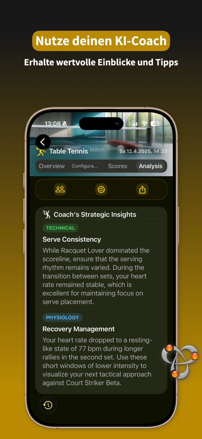 RacqTics Tennis Punktezähler 5 App-Screenshot, der einen KI-Coach-Bildschirm mit strategischen Erkenntnissen zur Aufschlagkonstanz und zum Erholungsmanagement zeigt. Textüberlagerung: "Nutze deinen KI-Coach Erhalte wertvolle Einblicke und Tipps".