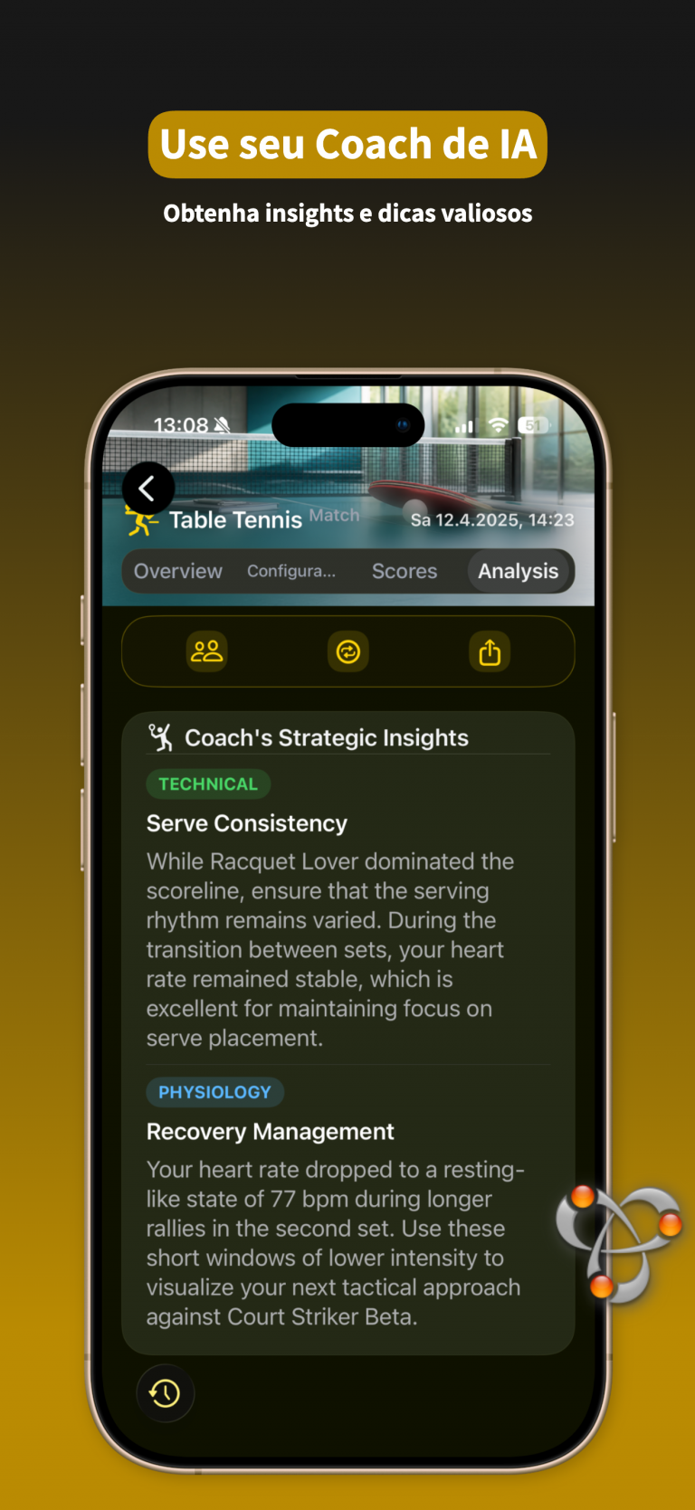 RacqTics Marcador de Pontos 5 Captura de tela do aplicativo exibindo uma tela de Coach de IA com insights estratégicos sobre consistência de saque e gerenciamento de recuperação. Sobreposição de texto: "Use seu Coach de IA Obtenha insights e dicas valiosos".