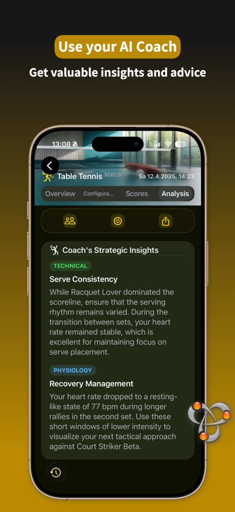 RacqTics - Score Keeper 5 App screenshot displaying an AI Coach screen with strategic insights on serve consistency and recovery management. Text overlay: "Use your AI Coach Get valuable insights and advice".shareable QR code. Text overlay: "Share your Game! Export and import into the App!".