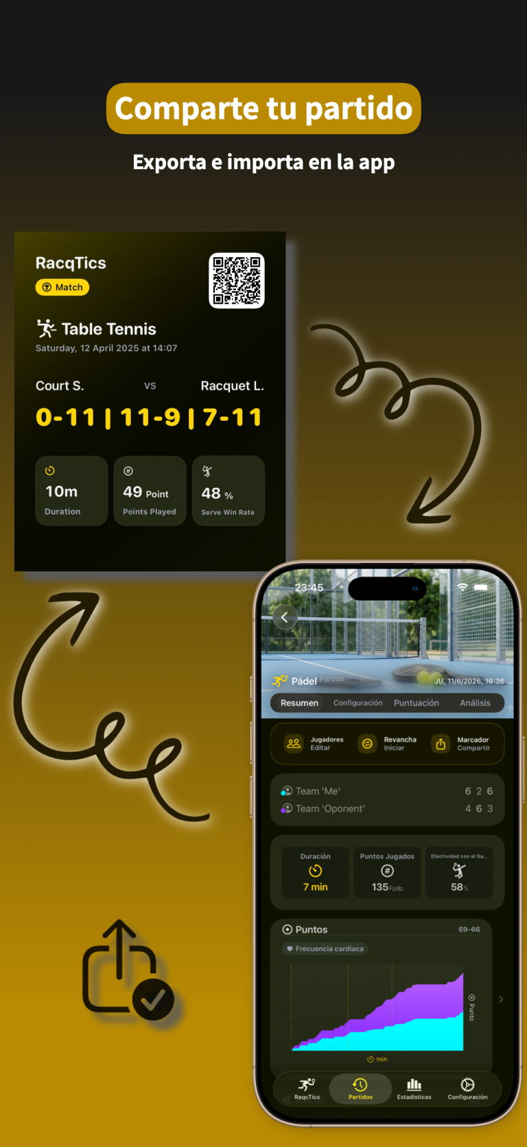 RacqTics Marcador de Padel 6 Captura de pantalla de la aplicación que muestra el resumen de puntuación de un partido de Tenis de Mesa con un código QR para compartir. Texto superpuesto: "Comparte tu juego Exporta e importa en la app".