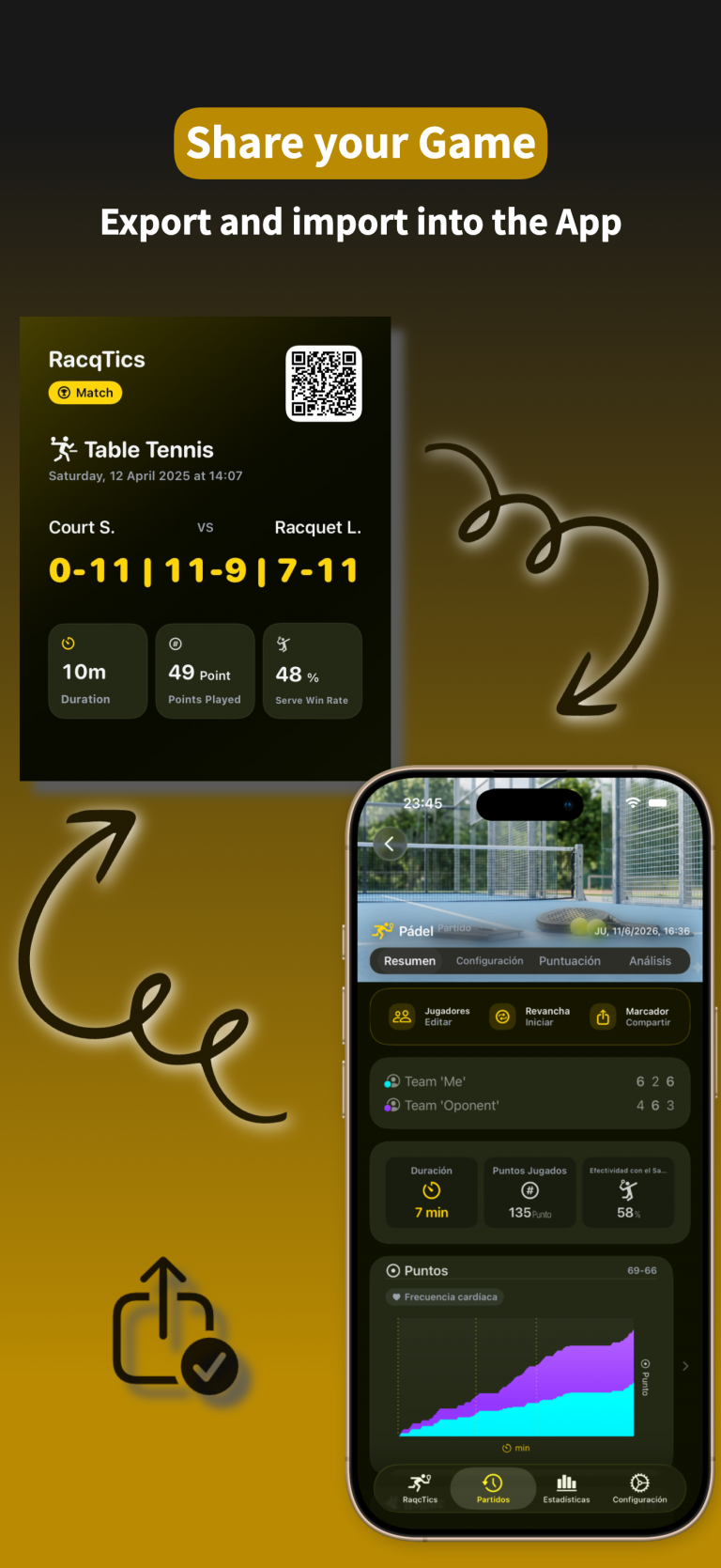 RacqTics - Score Keeper 6 App screenshot showing a Table Tennis match summary scorecard with a shareable QR code. Text overlay: "Share your Game Export and import into the App".