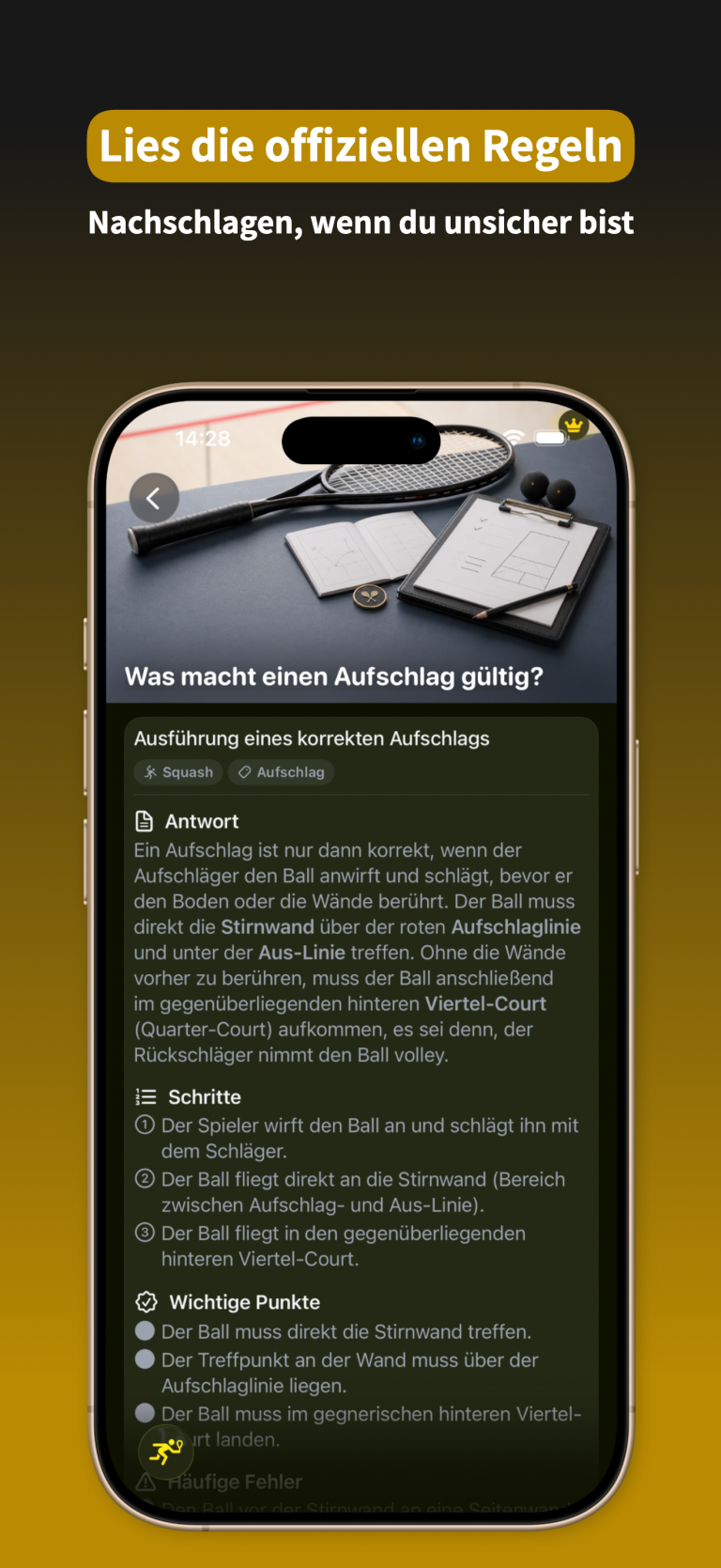 RacqTics Tennis Punktezähler 7 App-Screenshot, der offizielle Regeln zeigt und erklärt, was einen Aufschlag gültig macht. Textüberlagerung: "Lies die offiziellen Regeln Nachschlagen, wenn du unsicher bist".