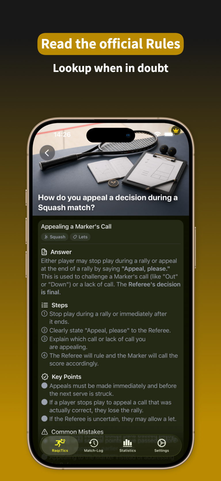 RacqTics - Score Keeper 7 App screenshot showing official racet sports rules explaining how to appeal a marker's call. Text overlay: "Read the official Rules Lookup when in doubt".