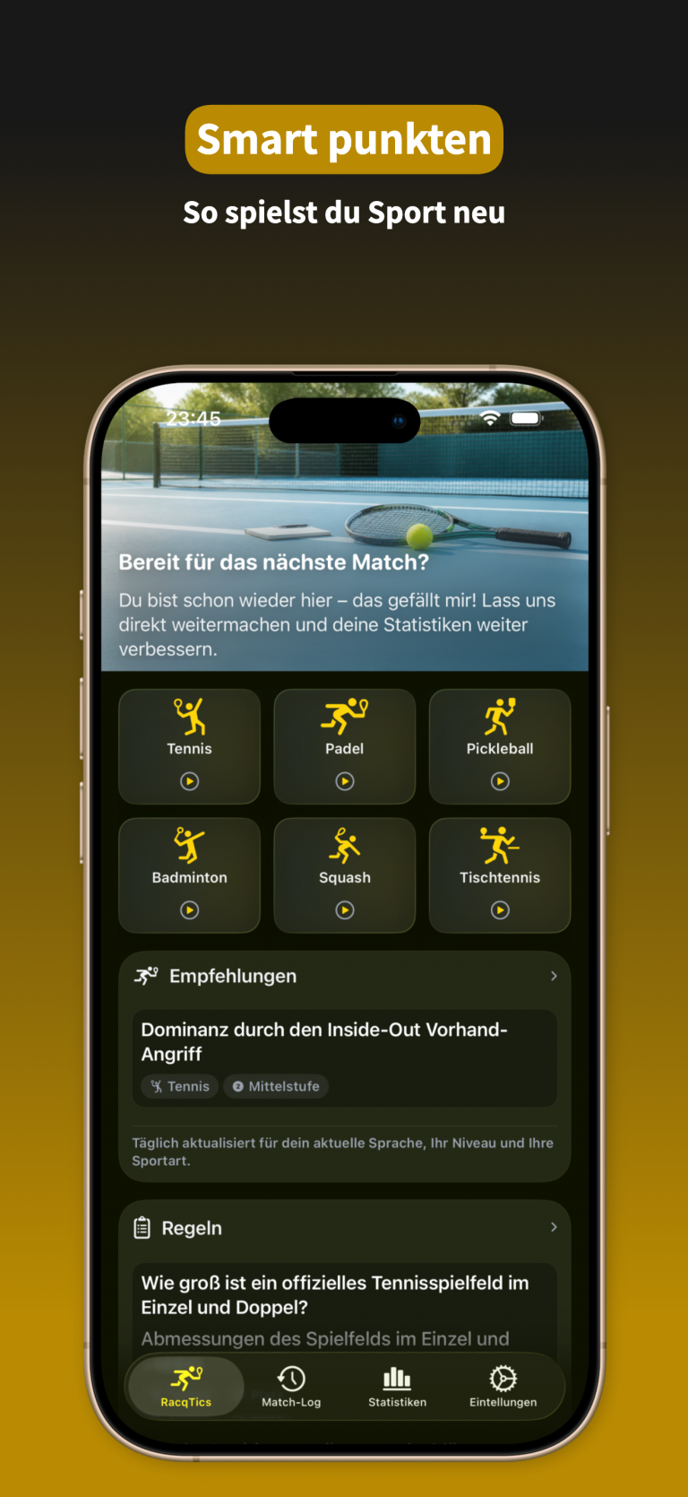 RacqTics Tennis Punktezähler 8 App-Screenshot, der das Hauptmenü zur Auswahl von Schlägersportarten wie Tennis, Padel und Pickleball zeigt. Textüberlagerung: "Smart punkten So spielst du Sport neu".