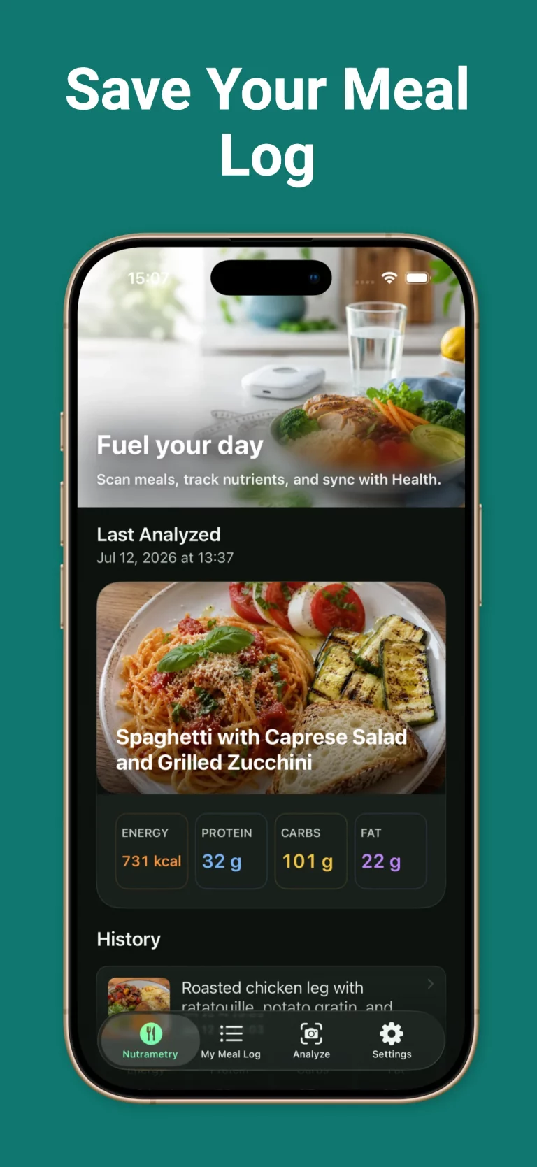 Nutrametry meal log showing calories and macronutrients