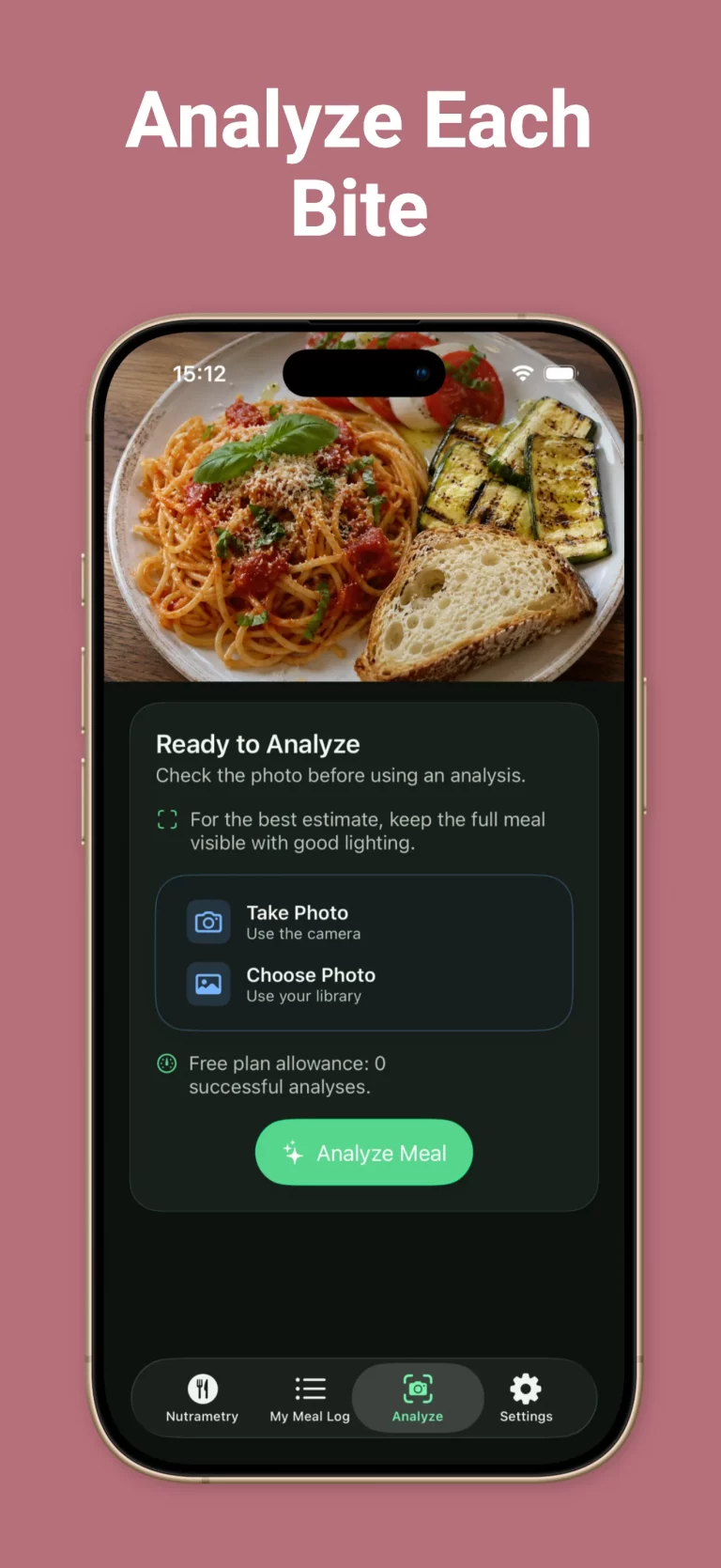 Nutrametry photo analysis screen ready to analyze a meal