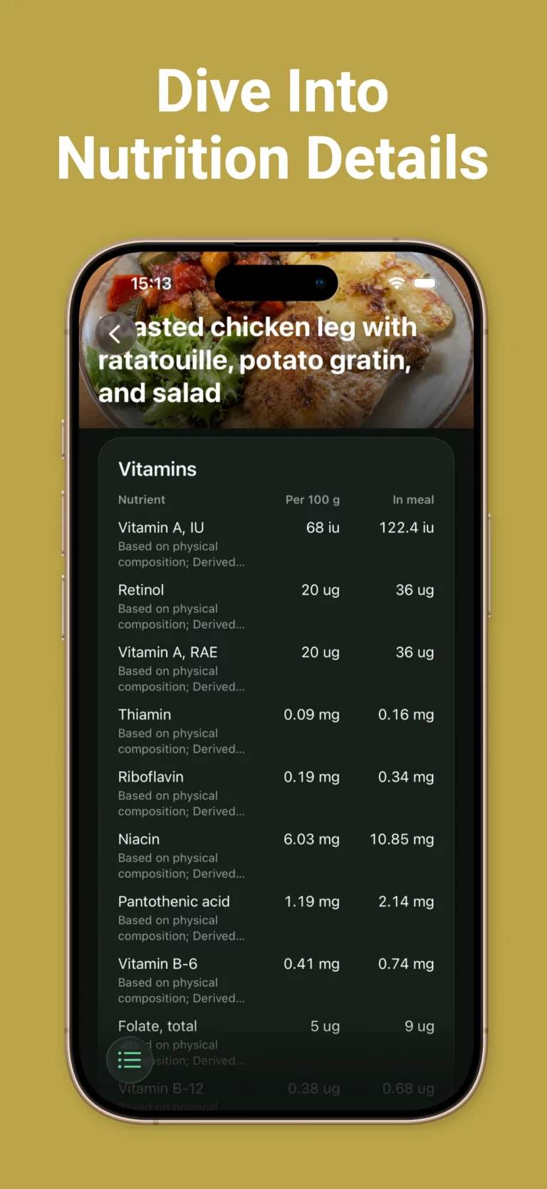 Nutrametry nutrition details showing vitamins and nutrient values