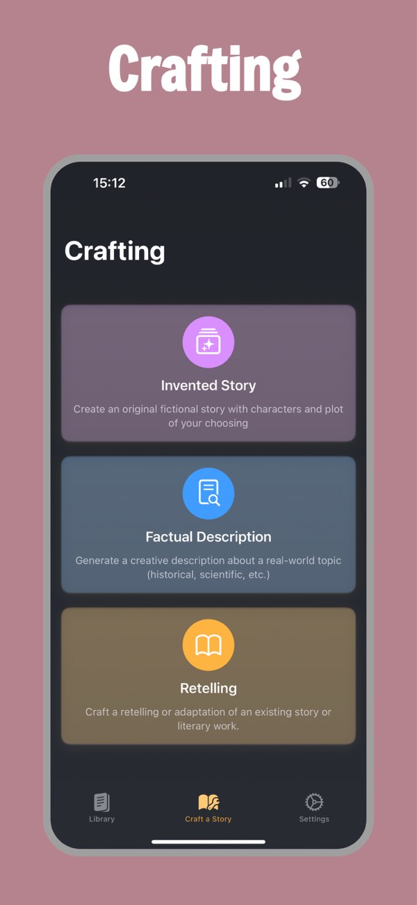 Story This! screen for choosing an invented story, factual description, or retelling